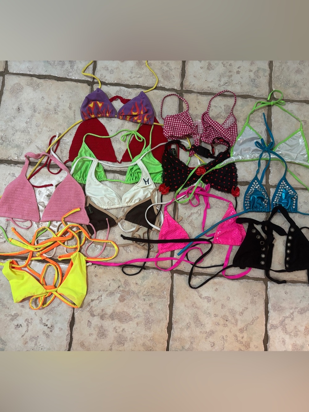 Lot of 13 Y2K Bikini Tops Neon Green, Hot Pink  rave festival small medium etc